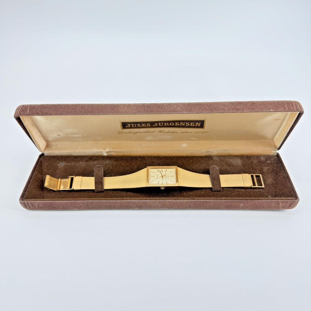 Vintage Jules Jurgensen Men Dress Tank Watch 1980s Gold Tone w/ Original Box